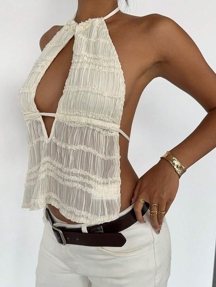 Textured Pleated Fabric Solid Color Sexy Halter Backless Tie-Up Casual Beach Summer Top