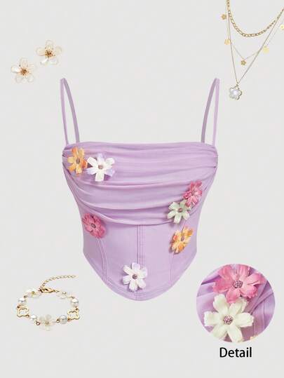 SHEIN MOD 女士3D立体花卉装饰荷叶边吊带背心，适合约会和外出穿着