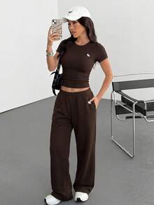Muchica Women's Summer Spurs Embroidery Tight Fitting Short Sleeve T-Shirt And Pants 2 Pieces Homewear Set - Chocolate Brown - View 3