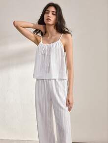 Ocili Leisure Soft Cotton Cutout Bohemian Loose Drawstring Pants, Comfortable & Chic Autumn Women Pajama Set - White - View 2