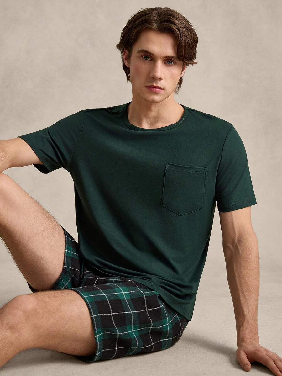 EverLounge Men Plaid Print PJ Set / Pajama Set - Green - View 1