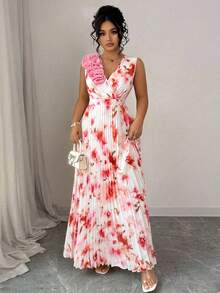 Vestido plisado de línea A de color crema amarillento, talla grande, con escote en V, sin mangas, cintura ceñida, sofisticado - Rosa - Ver 5