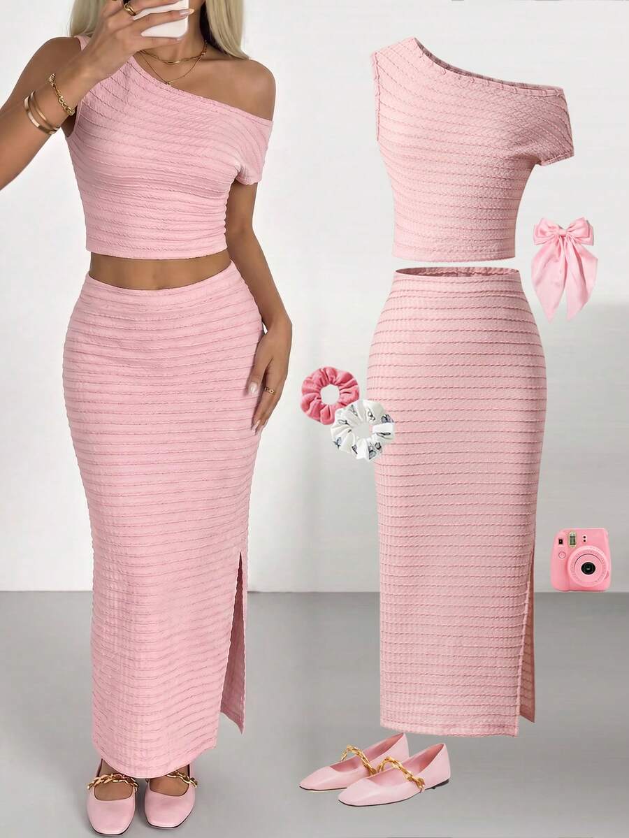 两件套女童法式优雅甜美风粉色不对称露肩露脐上衣搭配修身长开衩裙，适合度假穿着 - 粉色 - 查看 1