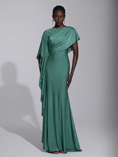 Elitara 优雅奢华缎面荷叶边袖饰性感开衩鱼尾伴娘礼服