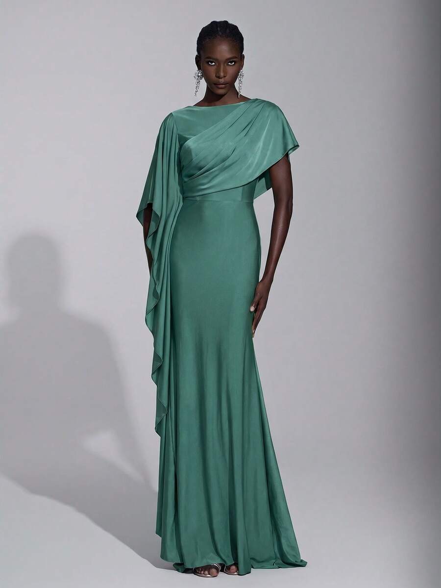 Elitara Gaun Bridesmaid Model Ekor Ikan Seksi dengan Belahan Samping, Elegan dan Mewah dari Satin dengan Hiasan Lengan Berkerut dan Belahan Samping. - Olive Green - View 1