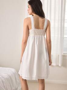 Ocili 女士花卉刺绣镂空贝壳纽扣设计睡裙吊带家居服 - 白色 - 查看 3