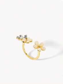Opalesca 4pcs Ins Style Faux Pearl & Rhinestone Butterfly Flower Rings Set, Faux Gemstone 5-Petal Flower Stackable Rings For Women - Gold - View 5