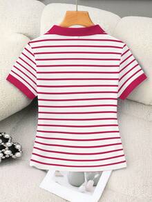 Rovax Women's Short Polo Shirt With Striped Horse Riding Print, Contrast Color Collar - Multicolor - View 2