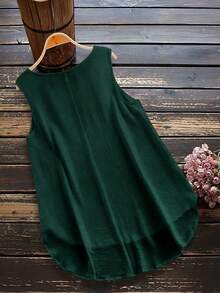 Linhara Plus Size Women Solid Color Round Neck Casual Sleeveless Shirt - Dark Green - View 2