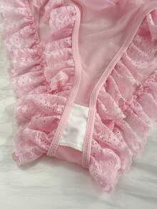 DAZY Lace & Mesh Patchwork Semi-Sheer Floral Decor Bodysuit, Fitted Spaghetti Strap Ruffle Trim Sexy Jumpsuit For Women - Pink - View 9