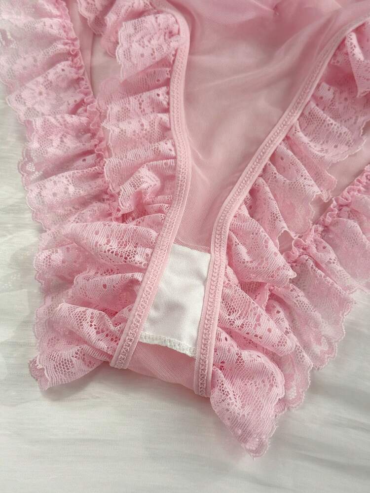 Lace & Mesh Patchwork Semi-Sheer Floral Decor Bodysuit, Fitted Spaghetti Strap Ruffle Trim Sexy Jumpsuit For Women