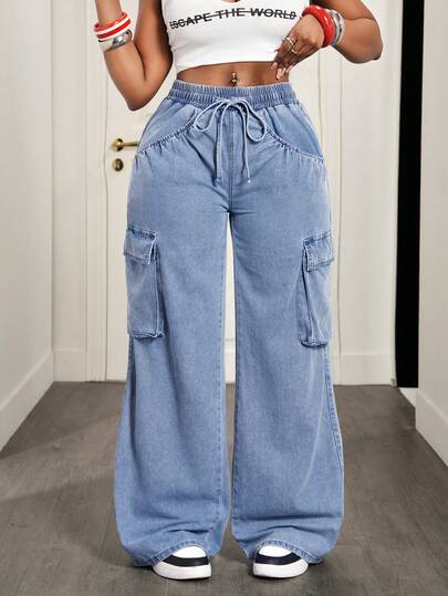 Slaydiva 女士休闲日常水洗翻盖口袋抽绳腰工装牛仔裤