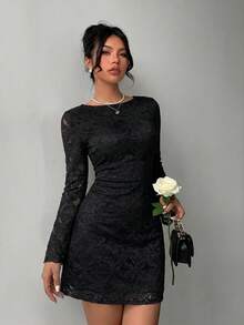 Aloruh Lukea Lace Long Sleeve Mini Dress Cream - Black - View 2