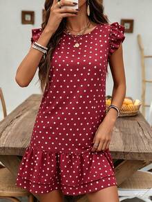 SHEIN LUNE Đầm ngắn nữ mùa hè màu đỏ chấm bi cổ tròn tay ngắn xếp nếp - Đỏ - Xem 3