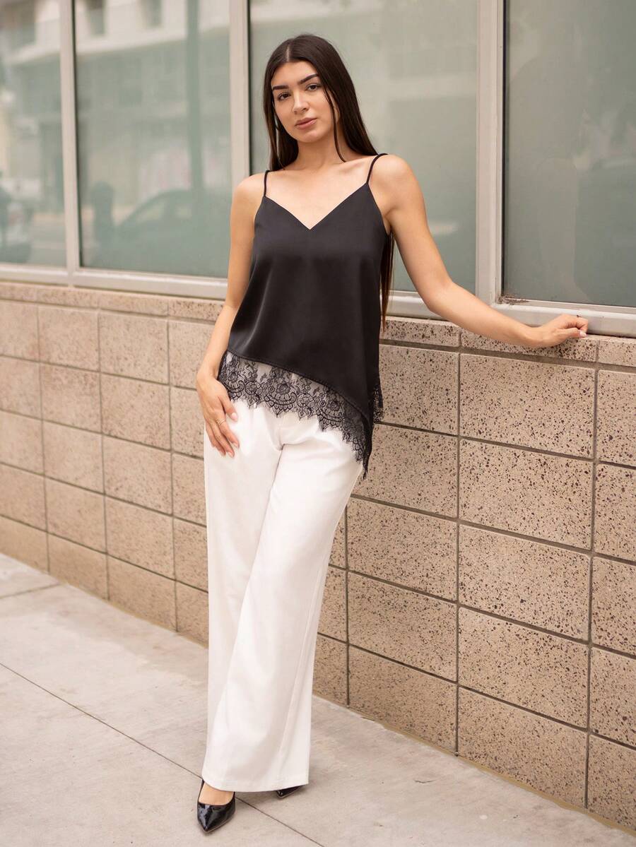 Andrea Bello 女士时尚蕾丝拼接不对称下摆黑色吊带背心，缎面蕾丝饰边，性感百搭，情人节必备