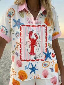 Vaclyn Women's Letter & Lobster Print Button-Up Top And Shorts Casual Outfit - White - View 5