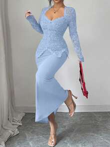 Modelyn Square Neck Lace Patchwork Button Waist Fitted Plus Size Dress For Women Fall - Blue - View 6