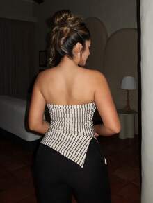 女士纹理条纹抹胸上衣 - 杏色 - 查看 2