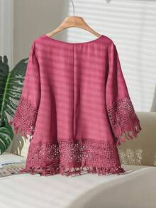 CosyJoli Blusa holgada con puños de encaje y flecos para mujer de talla grande - Rosa Fucsia - Ver 5
