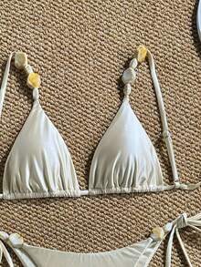 Swim Chiccia Bộ bikini nữ mùa hè 2026 mới, thanh lịch, đính hạt, màu trơn, chất liệu vải, dây mảnh, hở lưng, dây rút, cạp cao. - Màu be - Xem 4