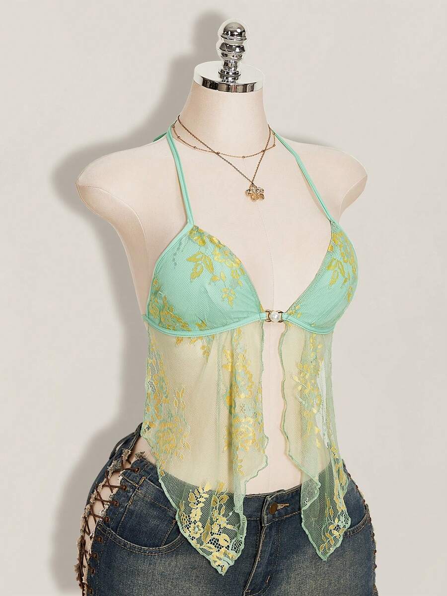 SHEIN ICON 女士花卉蕾丝性感吊带背心 - 綠色 - 查看 1