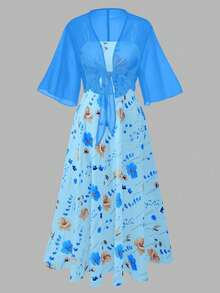 Franclia Bộ váy voan họa tiết hoa nhí dành cho nữ cỡ lớn, kèm áo khoác cardigan thanh lịch, thích hợp cho mùa hè. - Màu xanh lam - Xem 7