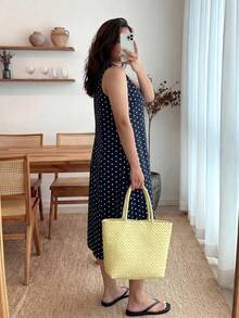 Enliva Váy chấm bi không tay cỡ lớn có túi, dành cho mùa hè - Xanh đậm - Xem 3