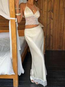 Sunnyshic Women's Yellow Lace Satin 2-Piece Set, Romantic Sexy Outfit For Party, Date, Summer Beach Vacation, Spring/Summer - Light Yellow - View 5