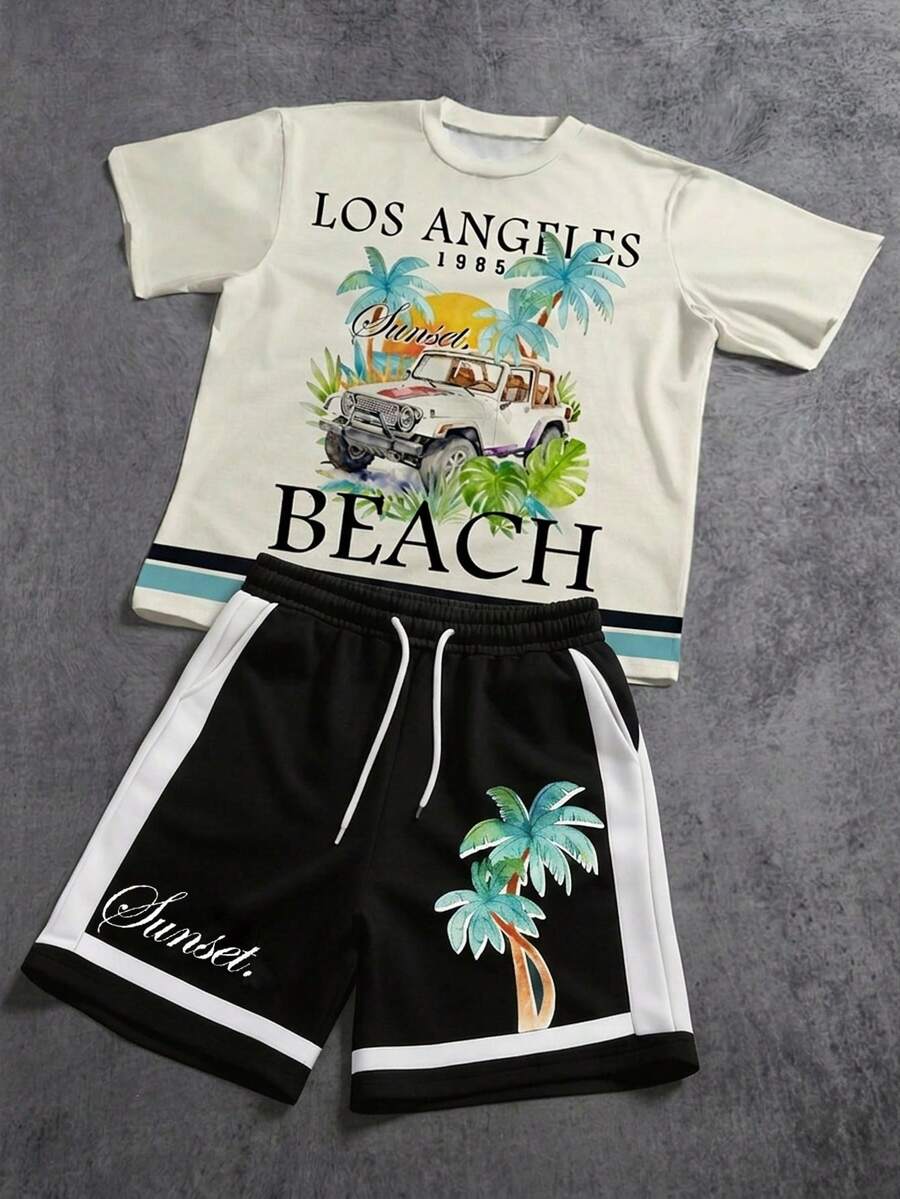Manfinity ZONE917 Men's Vacation Palm Tree Letter Print Short Sleeve Casual Loose Knit T-Shirt And Drawstring Waist Shorts Set - Black - View 1