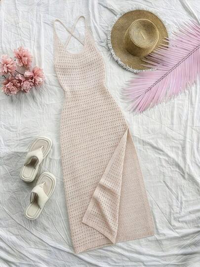 GlowEve CURVE Plus Size Women Fashionable Sexy Solid Color Backless Hollow Out Knit Dress