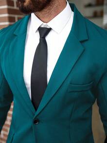 Manfinity Mode Men Plus Size Solid Color Notched Collar Single-Breasted Blazer And Pants Casual Formal Suit Set, Ceremony - Teal Blue - View 3