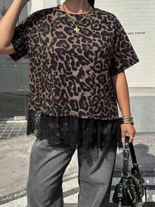 Muchica 大码女式豹纹蕾丝拼接休闲百搭日常短袖T恤 - 彩色 - 查看 6