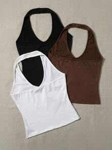 SHEIN EZwear 大尺碼女款黑白棕色露背掛脖上衣 度假夏季性感休閒寬鬆工裝風 - 彩色 - 查看 3
