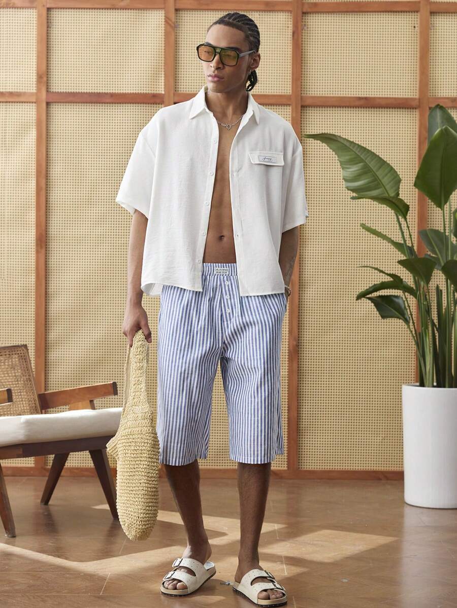 Manfinity Unisex Men's Summer Casual Striped Loose Wide Leg Shorts With Woven Label And Button - Blue - View 1