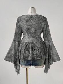 Sunspun Blusa de talla grande con cuello en V, cintura ceñida y corte en A - Negro - Ver 2