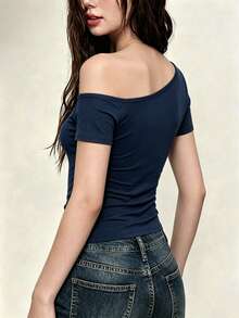 Rina Fox Women's Summer New Sexy Asymmetrical Shoulder Bowknot Embroidery Ruched Slim Fit Revealing Shoulder T-Shirt - Navy Blue - View 4