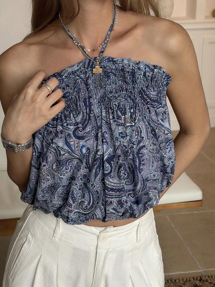 Women's V-Neck Loose Blue Halter Striped Ruffle Ditsy Floral Camisole, Spring/Summer