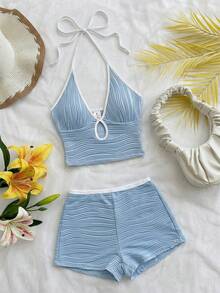 Soleia Women's Holiday Beach Vacation Backless Halter Top And Shorts 2 Pieces Set Blue And White Striped Summer - Blue - View 5