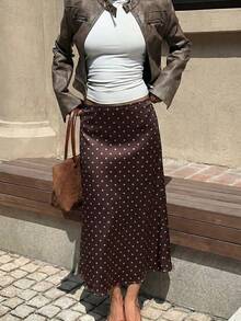 Coffee Brown Satin Polka Dot Mermaid Hem Elegant Maxi Dress, Suitable For Women, New Year, Party Wear - Coffee Brown - View 3