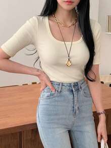 DAZY 女士纯色罗纹短袖修身休闲T恤 夏季 - 白色 - 查看 1
