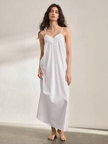 Ocili Camisón de mujer con diseño de encaje calado y bordado floral de algodón, vestido de ropa de dormir para damas - Azul - Ver 4