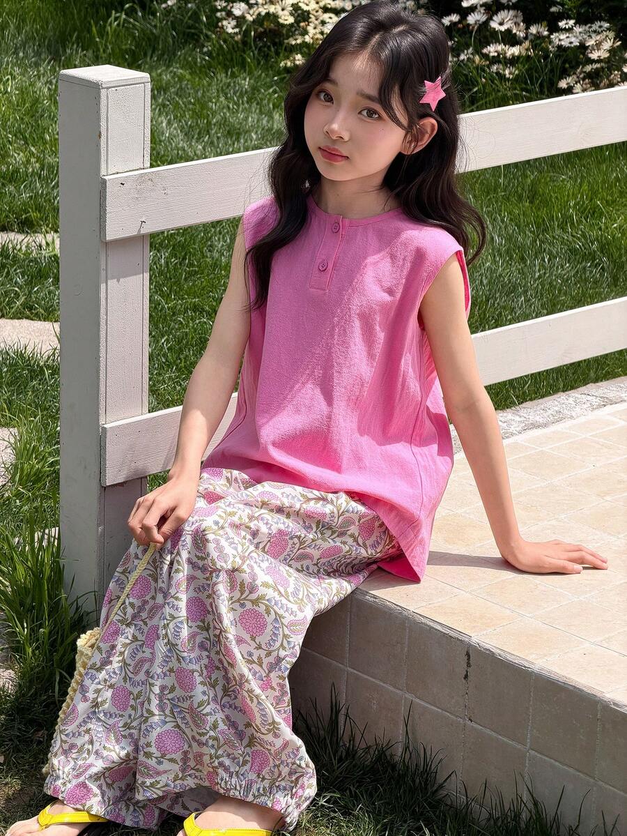 Dazy Kids 2件套少女碎花无袖上衣和裤子套装,秋季假期 - 粉色 - 查看 1