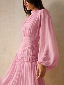 Anewsta Essential Women's Lantern Sleeve Mid-Length Dress, Extra Long Elegant Chiffon Long Sleeve Dress, Casual Summer Dress - Pink - View 4