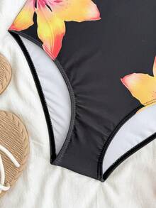 SHEIN Traje de baño de una pieza con estampado floral para niña preadolescente, adecuado para vacaciones en la playa, fiestas en la piscina y fiestas en la playa - Negro - Ver 3