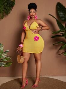 Maweii Women Yellow Summer Beach Vacation Holiday Halter Neck Knitted Dress, Y2K Open-Back Bodycon Mini Dress With 3D Pink Floral Embellishments - Yellow - View 3