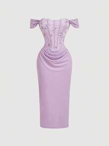 SHEIN MOD 紫色露肩刺绣鱼骨边连衣裙 - 紫色 - 查看 2