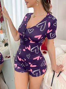 SHEIN 心形图案女士睡衣连体裤 - 紫色 - 查看 5