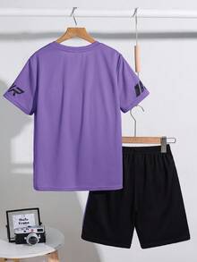 SHEIN 2pcs Tween Boy Splice Sports Textured Vertical Stripe Pattern Short Sleeve T-Shirt And Shorts Set - Purple - View 2