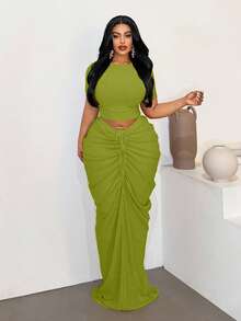 Maweii Plus Size Sexy Fitted Beach Ruched Skirt 2 Pieces Set - Green - View 3