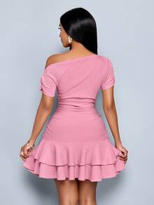 SOLERSUN Women's Elegant Party Date Night Daytime Knitted Asymmetrical Neck Gathered Double Ruffle Mini Dress Dusty Pink Summer - Baby Pink - View 2